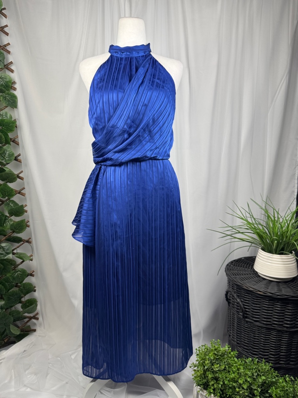 Royal Blue Halter Midi Dress with Pleated Sash